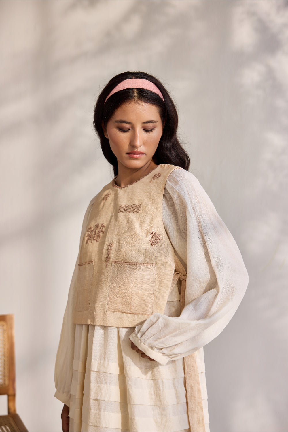 Almond cotton linen embroidered armour waist coat