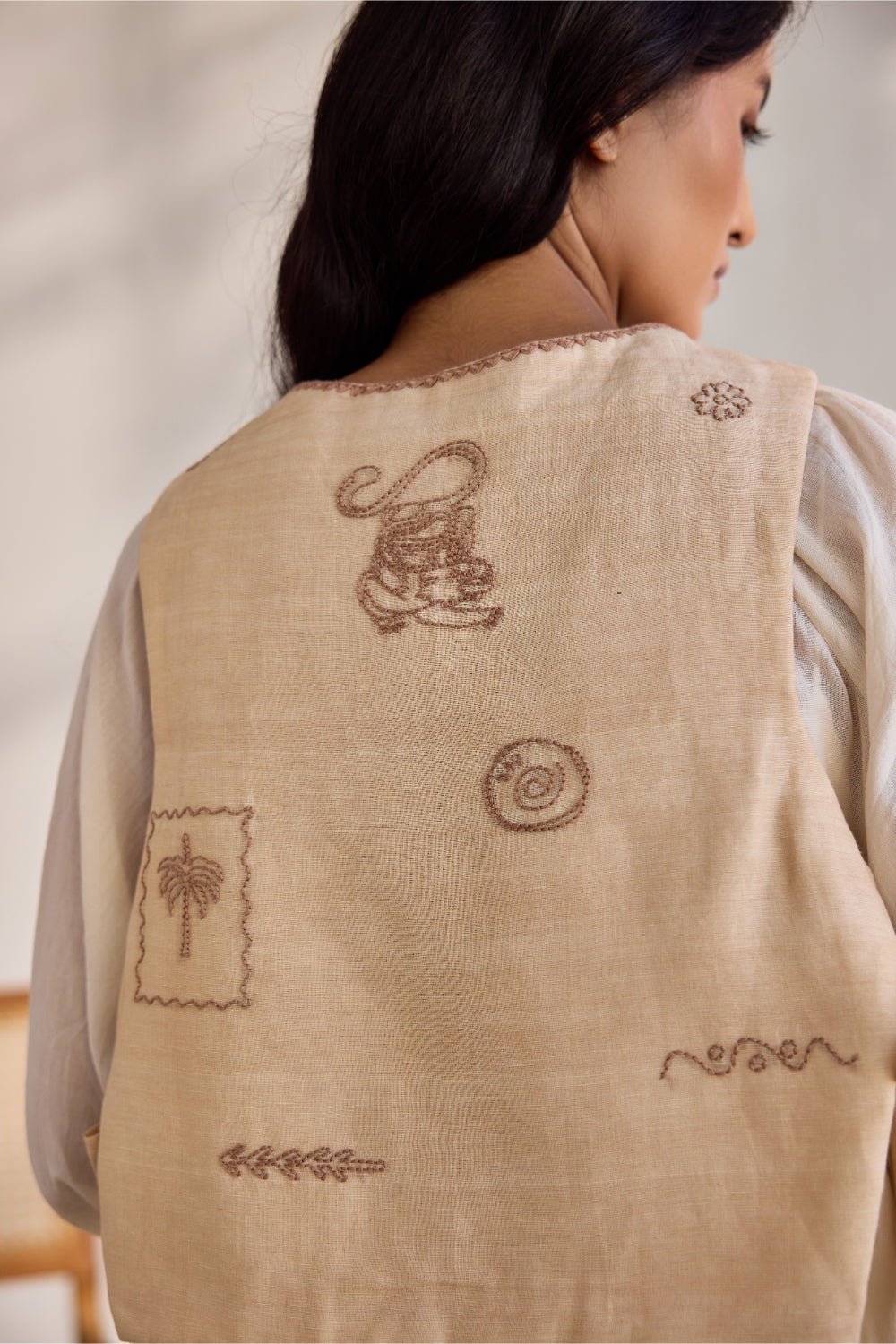 Almond cotton linen embroidered armour waist coat