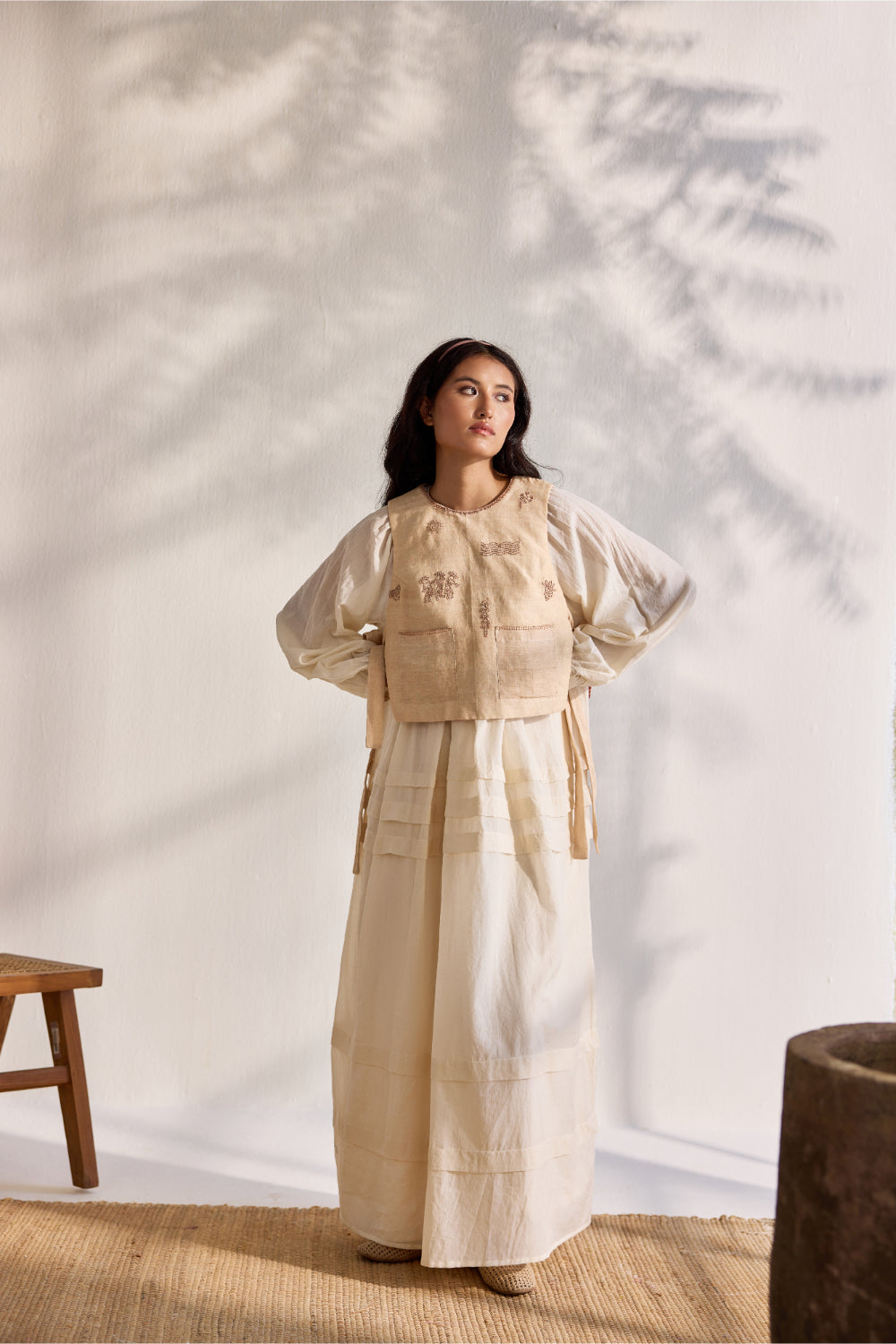Almond cotton linen embroidered armour waist coat