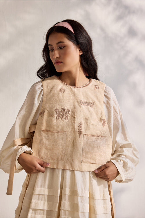 Almond cotton linen embroidered armour waist coat