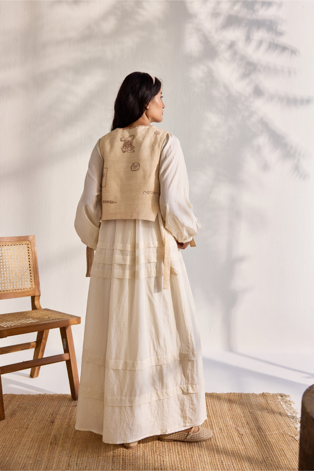 Almond cotton linen embroidered armour waist coat