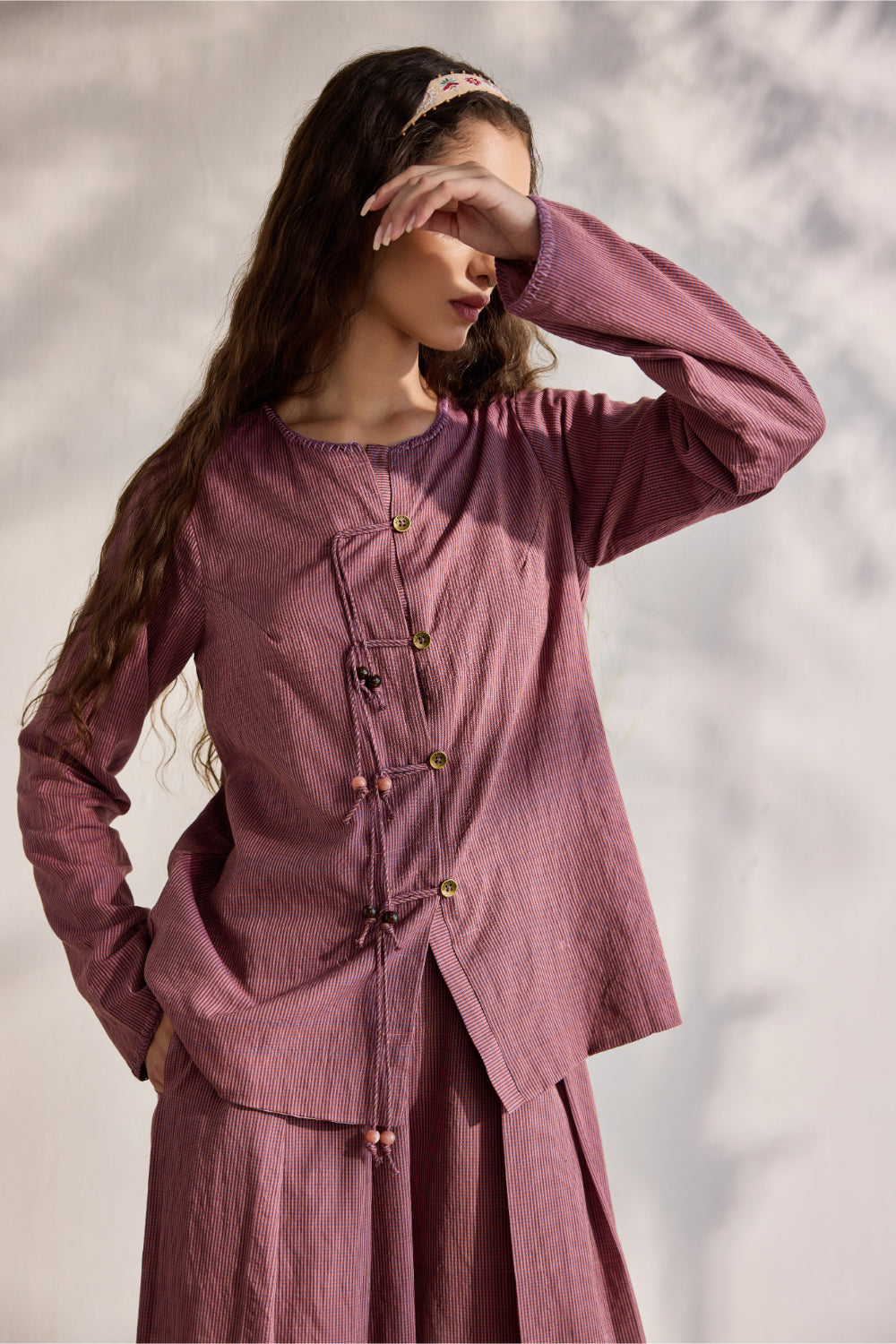 Blue woven Nagpur checks relaxed top with embroidery
