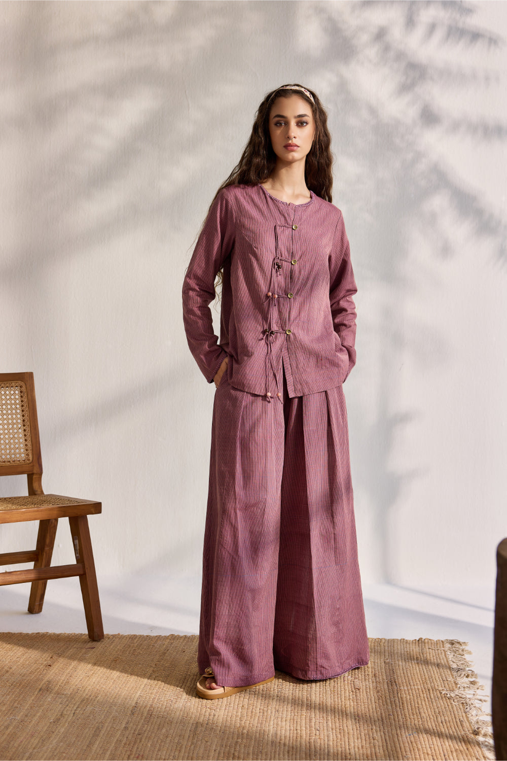 Blue woven Nagpur checks pleated pants with embroidery
