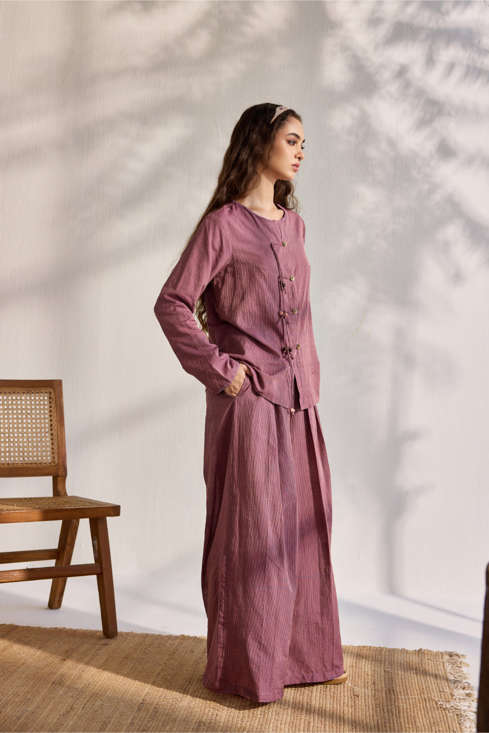 Blue woven Nagpur checks pleated pants with embroidery
