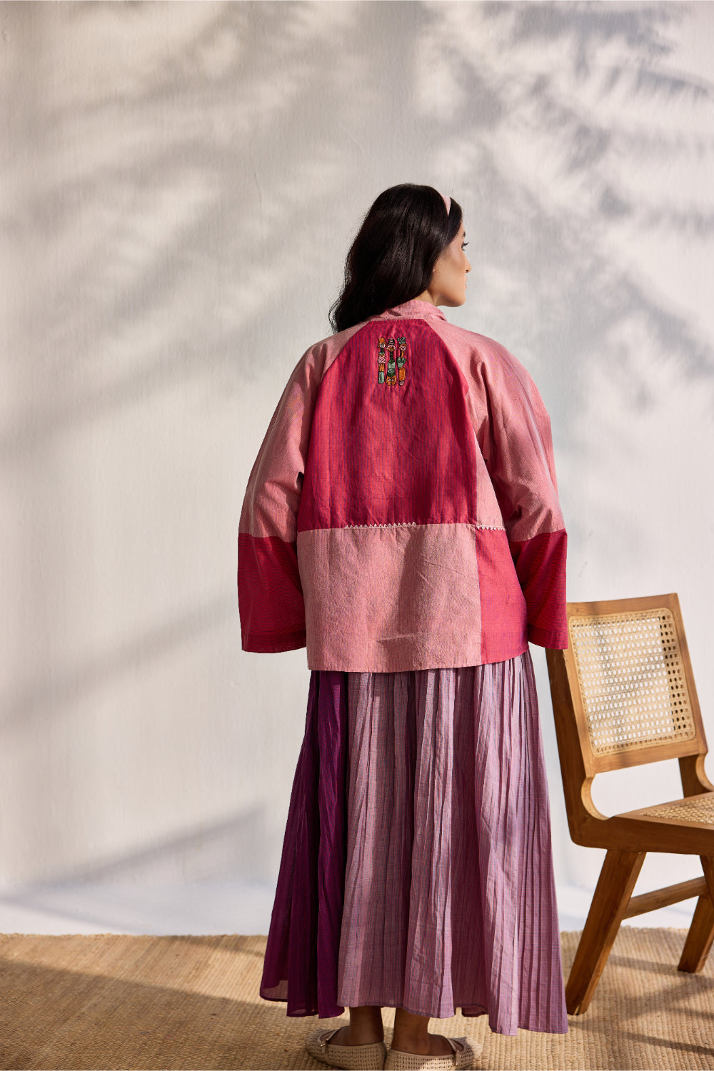 Red and pink striped splicing kimono jacket with embroidery