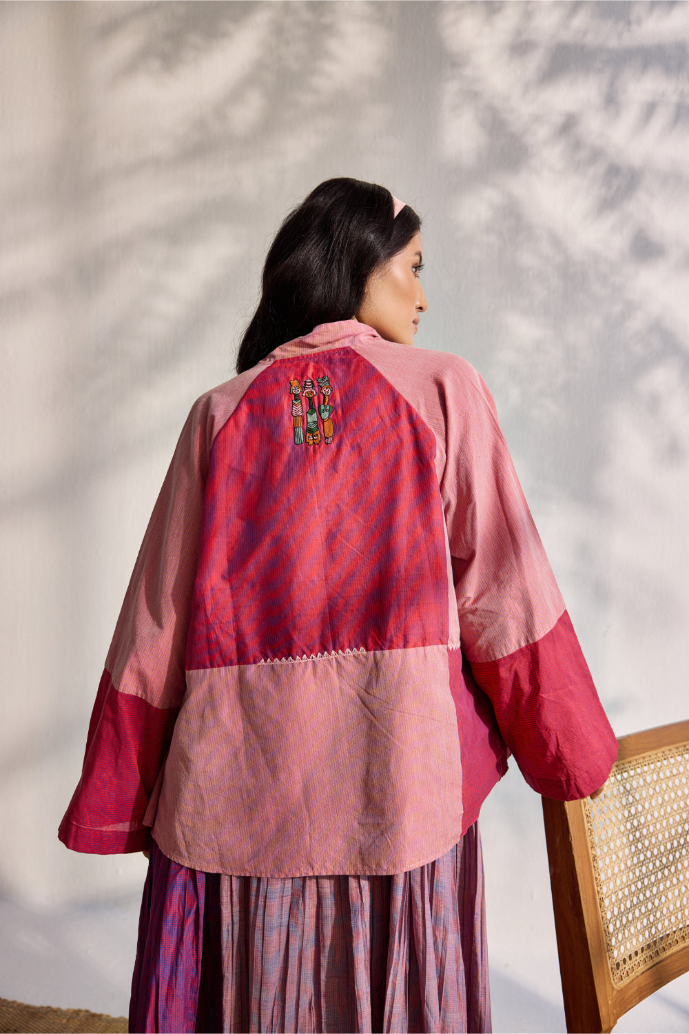 Red and pink striped splicing kimono jacket with embroidery