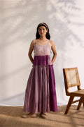 Blue color blocked Nagpur checks pleated midi dress with embroidery bodice