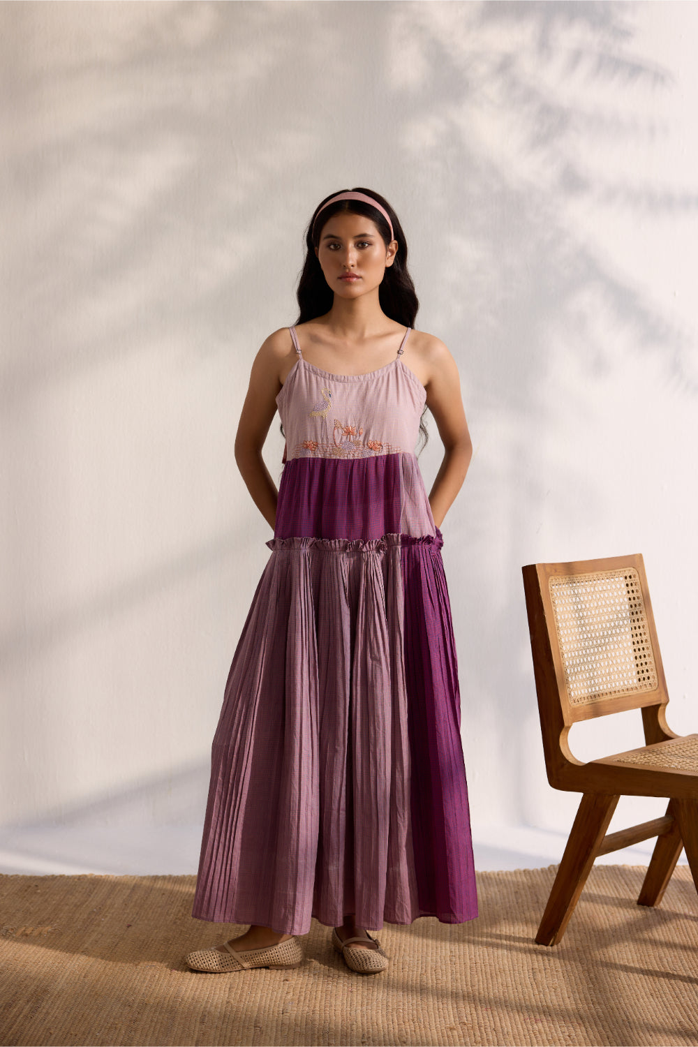 Blue color blocked Nagpur checks pleated midi dress with embroidery bodice