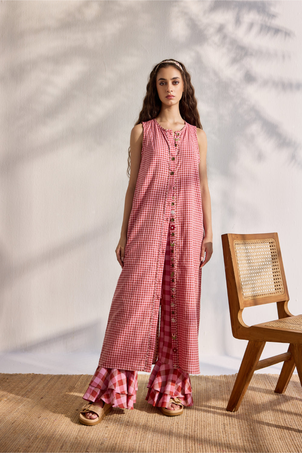 Red woven mini checks embroidered shirt dress