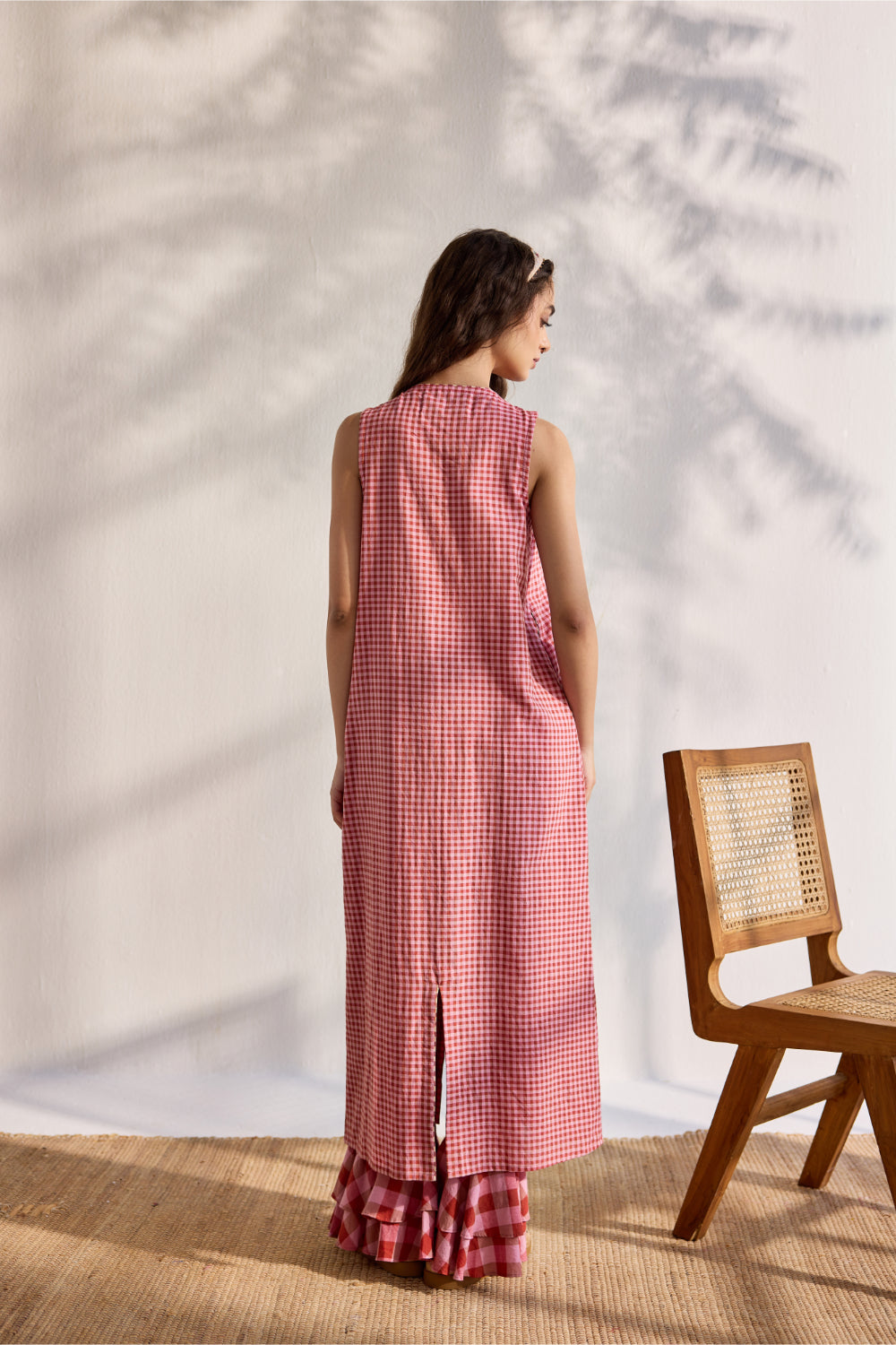 Red woven mini checks embroidered shirt dress