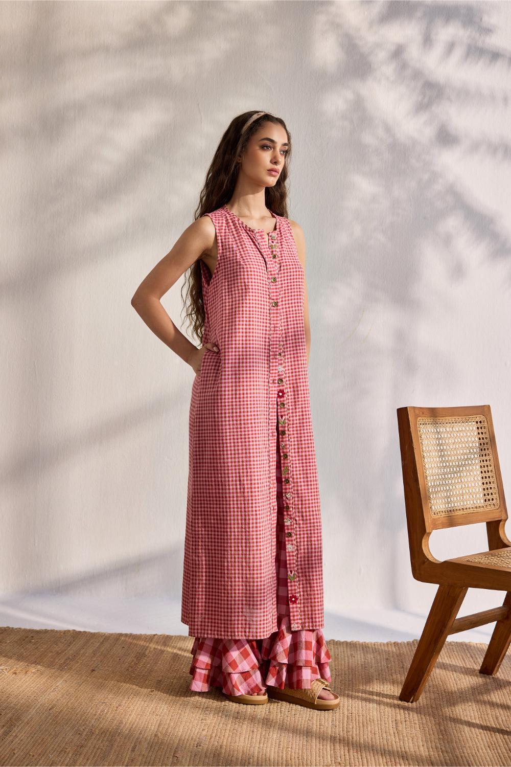 Red woven mini checks embroidered shirt dress