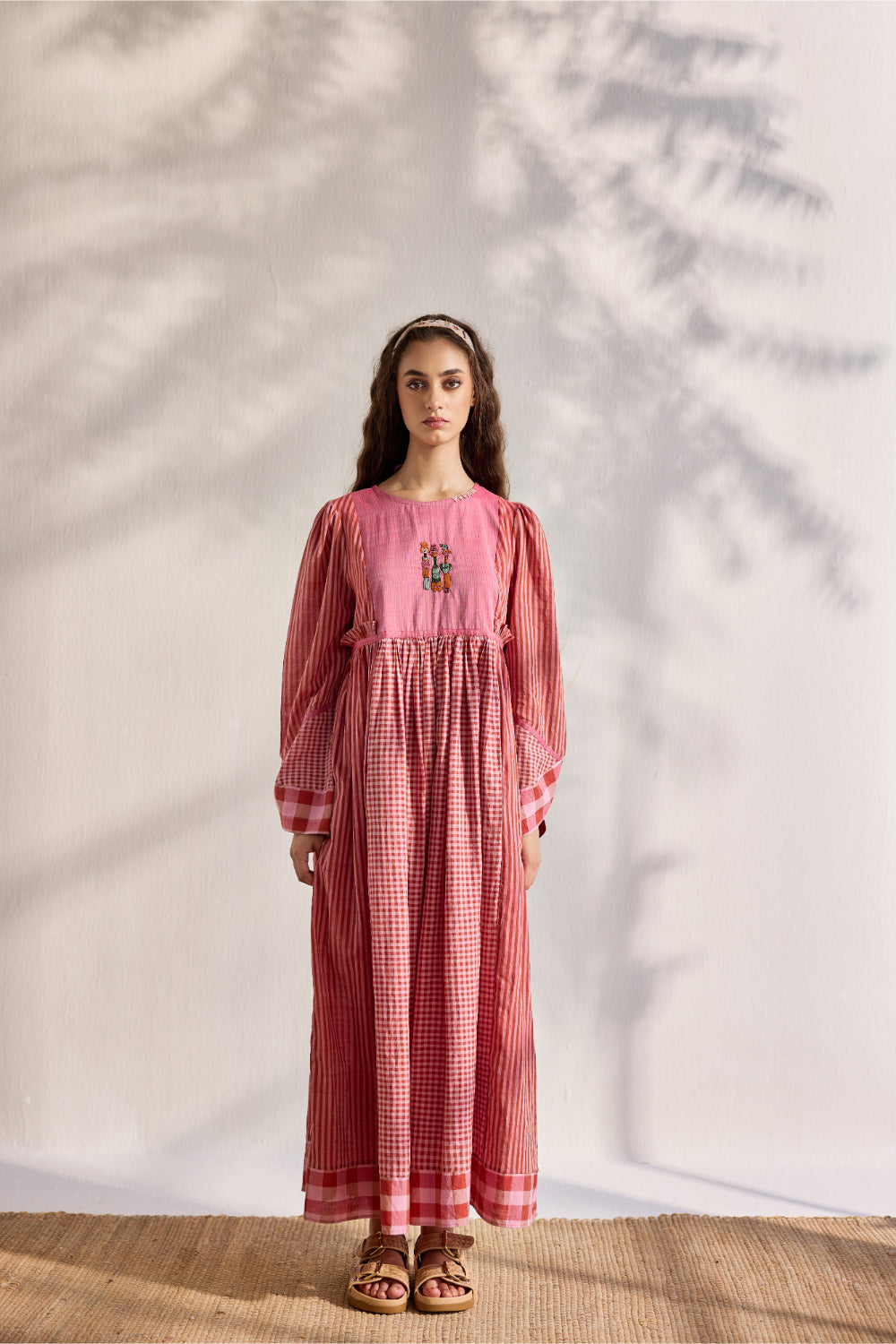Red striped and checks woven midi dress with embroidery