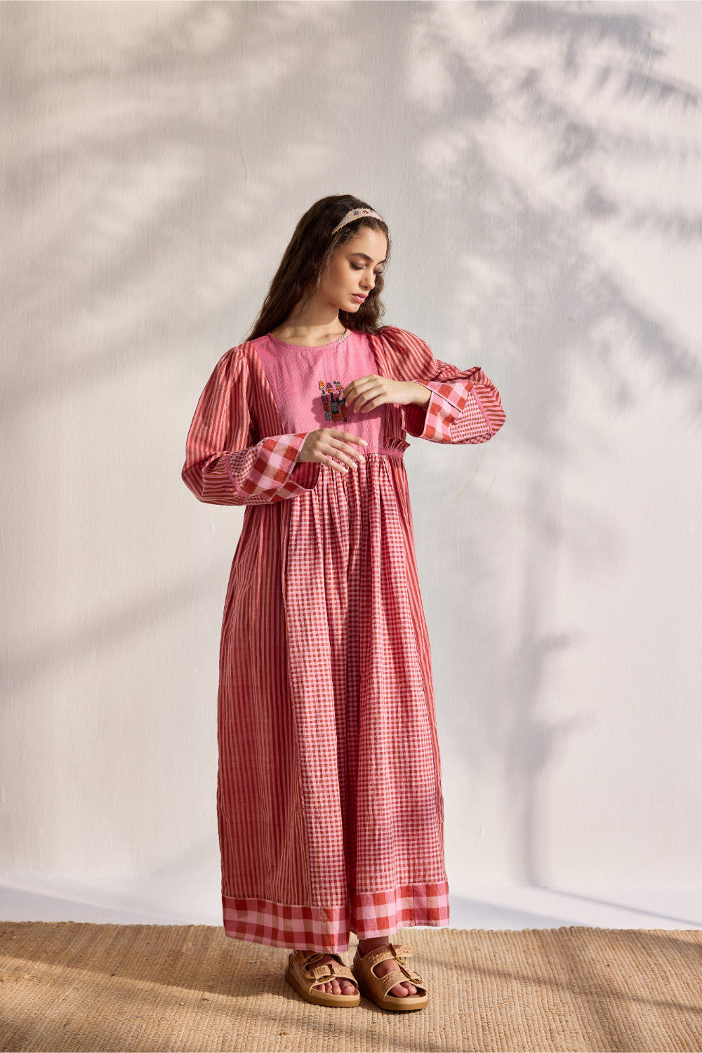 Red striped and checks woven midi dress with embroidery