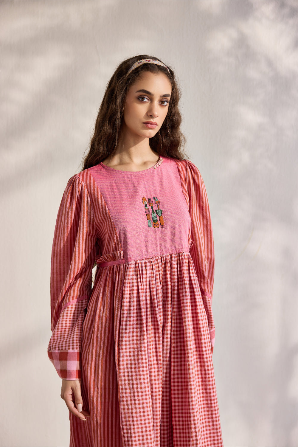 Red striped and checks woven midi dress with embroidery
