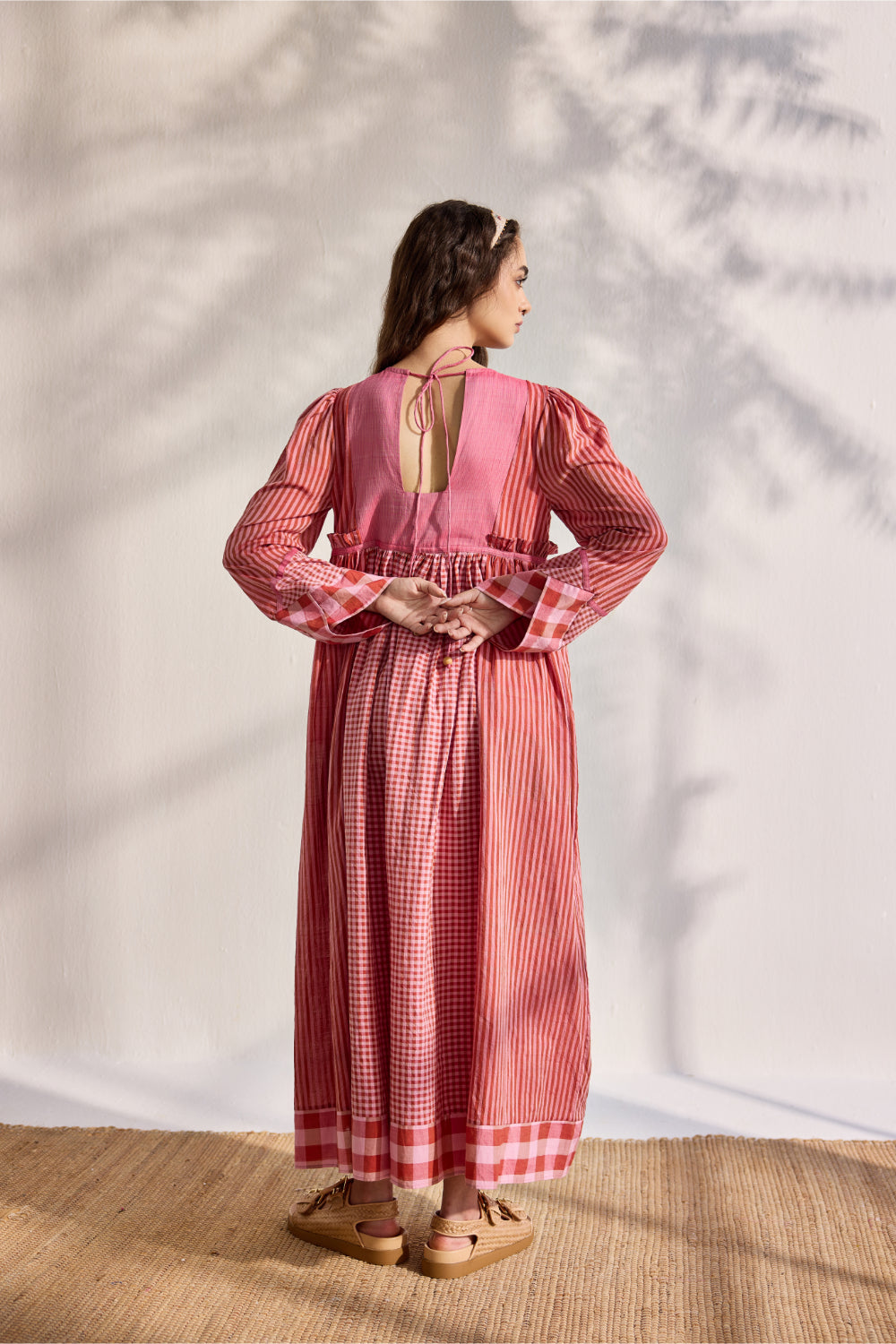 Red striped and checks woven midi dress with embroidery