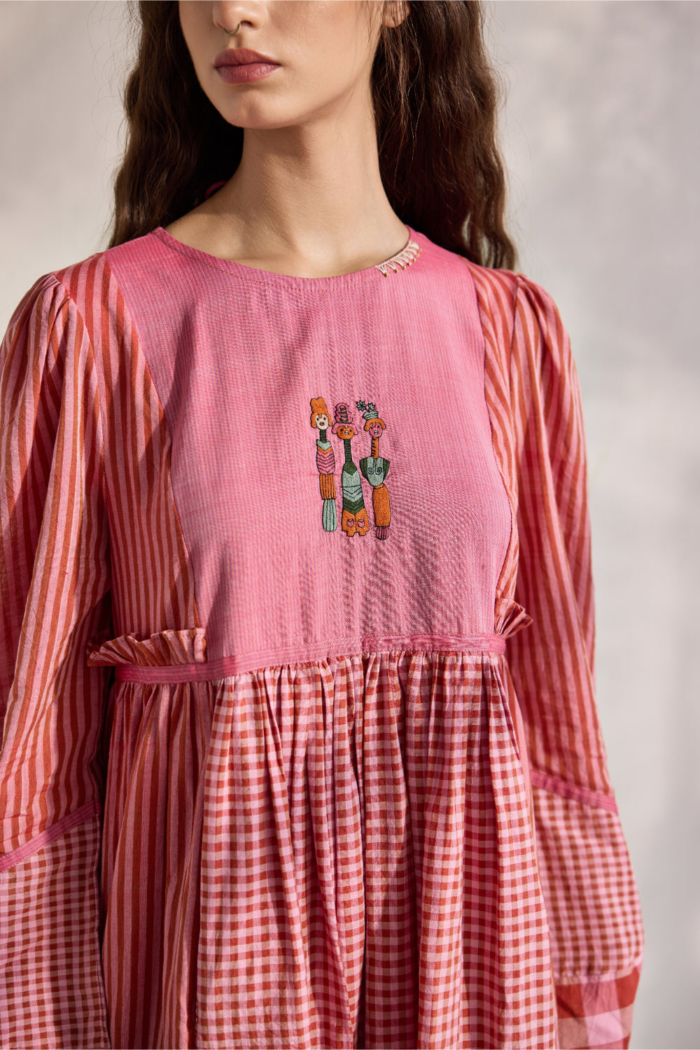 Red striped and checks woven midi dress with embroidery