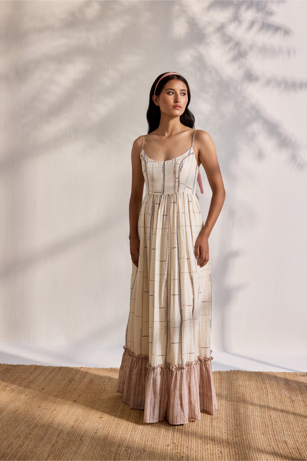 Ecru bamboo cotton tribal printed tiered midi dress