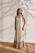 Ecru bamboo cotton tribal printed tiered midi dress