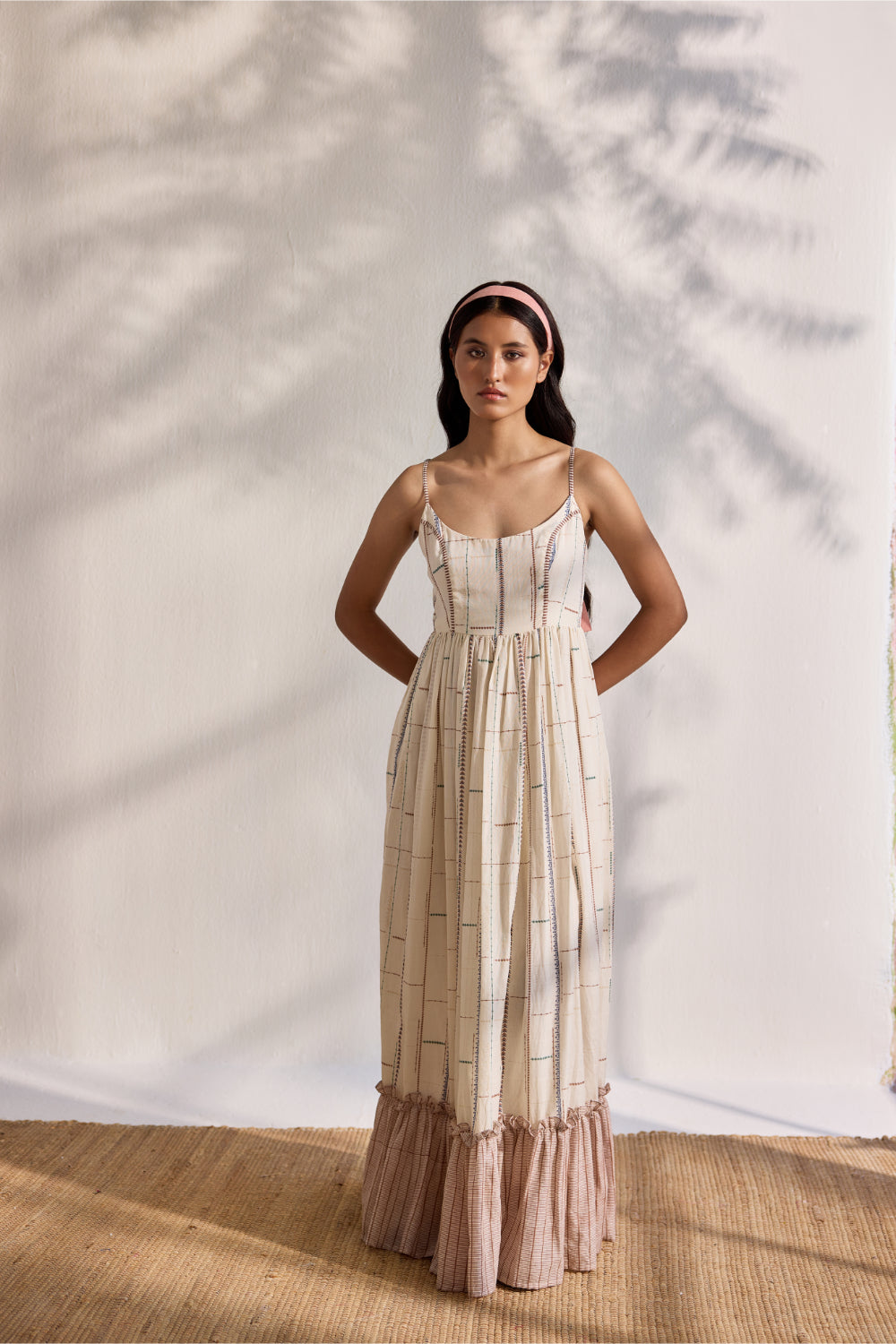 Ecru bamboo cotton tribal printed tiered midi dress