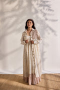 Ecru bamboo cotton tribal printed and embroidered smoking shirt dress