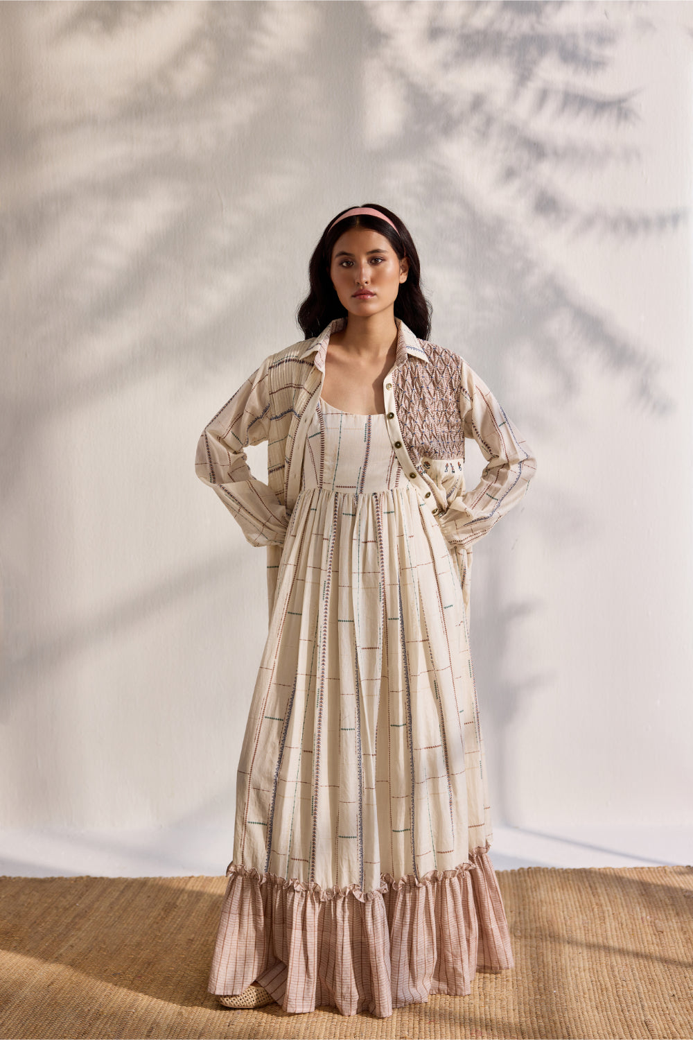 Ecru bamboo cotton tribal printed and embroidered smoking shirt dress