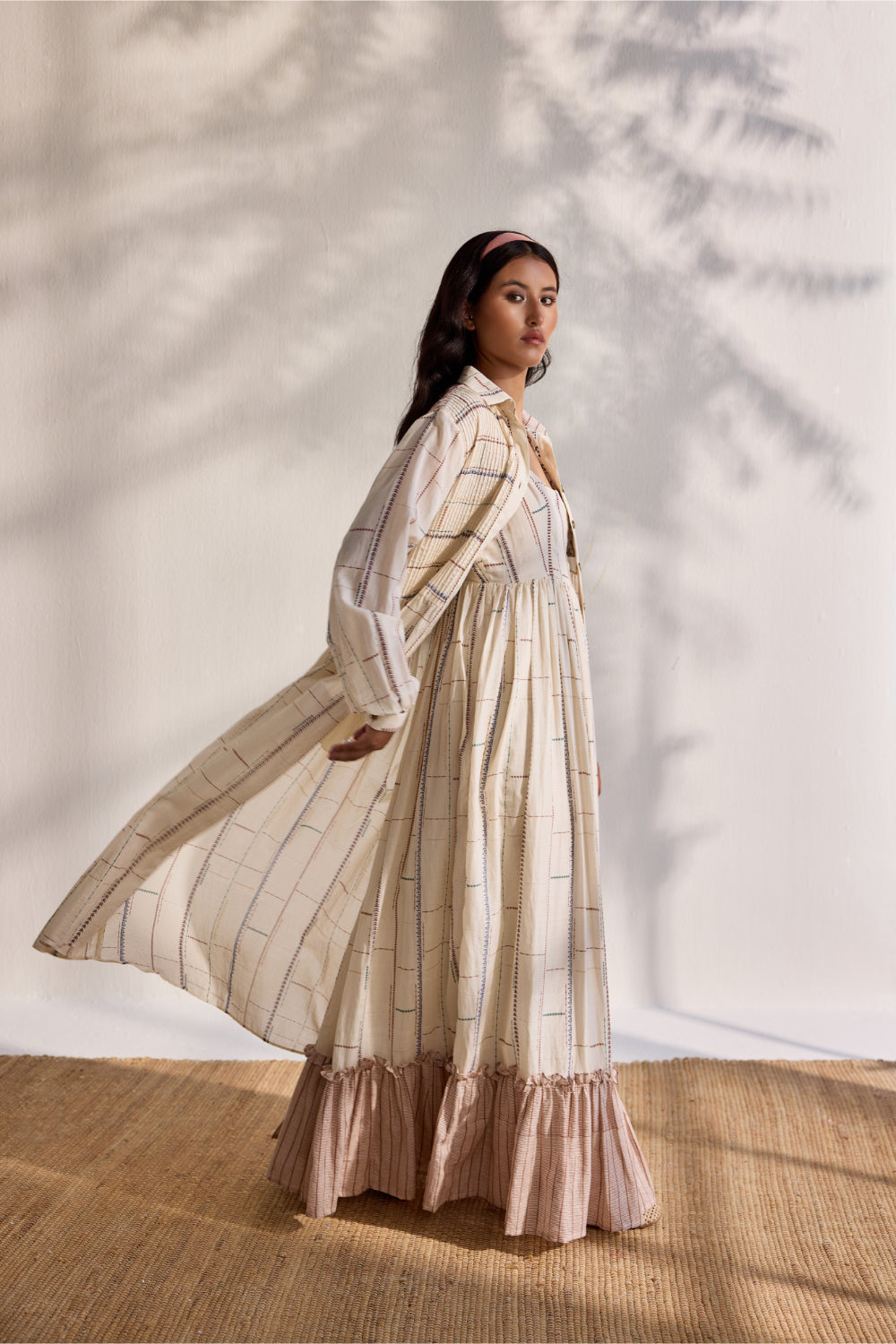 Ecru bamboo cotton tribal printed and embroidered smoking shirt dress