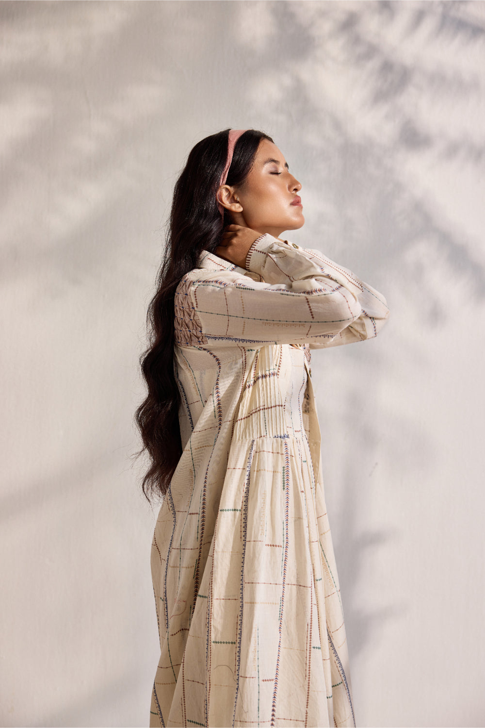 Ecru bamboo cotton tribal printed and embroidered smoking shirt dress