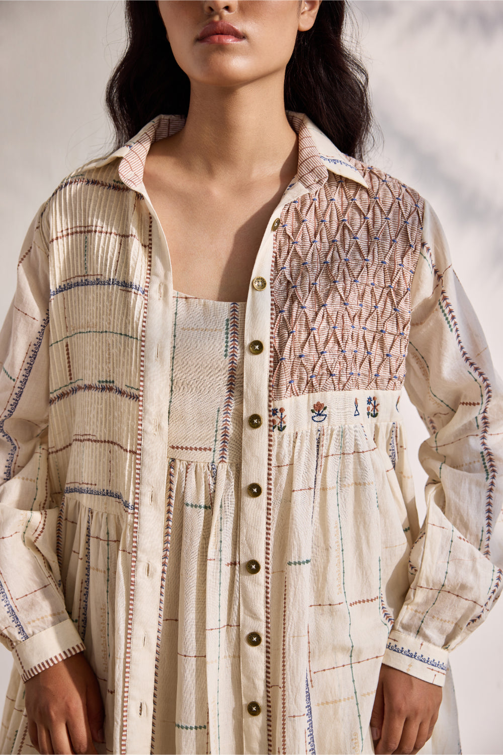 Ecru bamboo cotton tribal printed and embroidered smoking shirt dress
