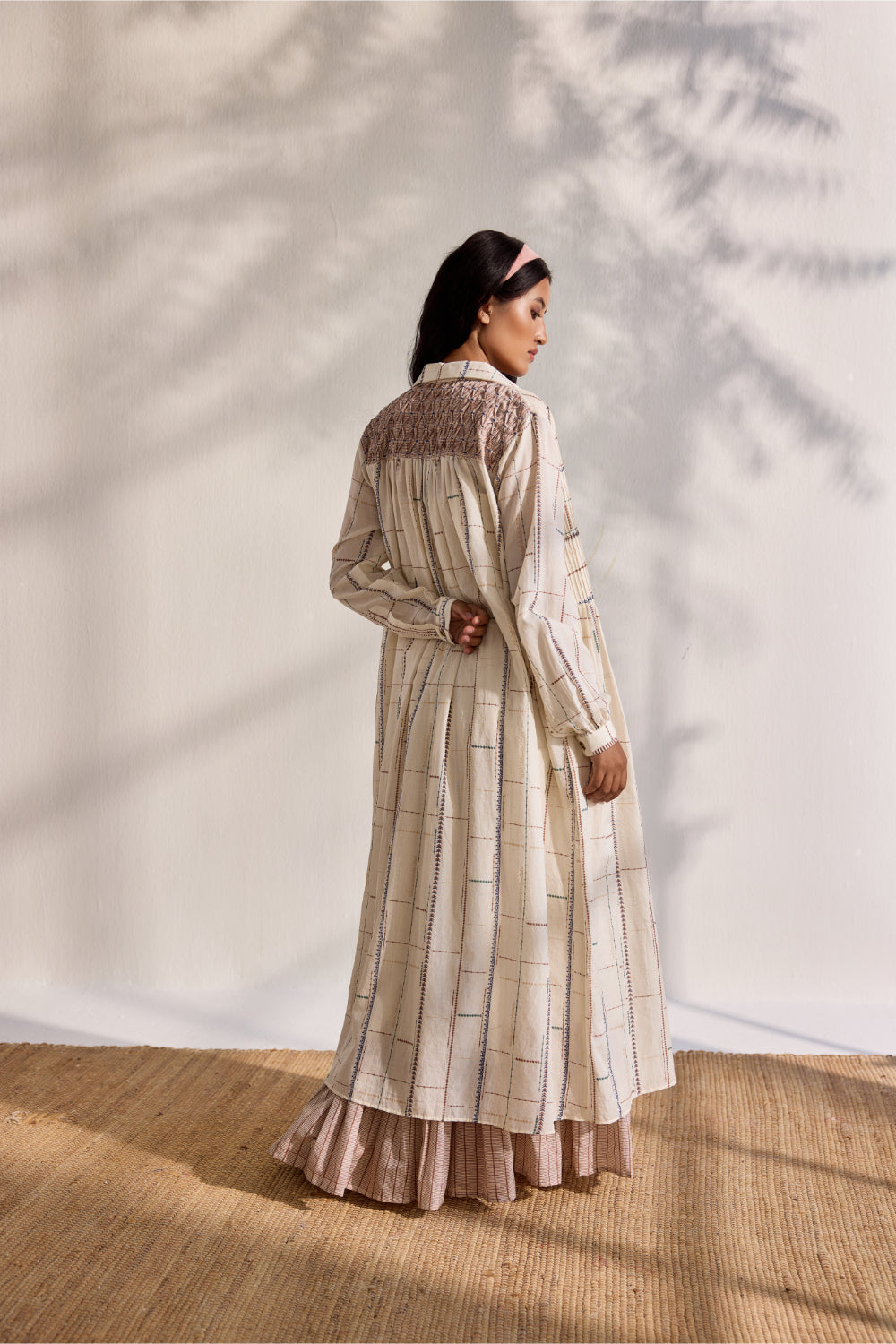 Ecru bamboo cotton tribal printed and embroidered smoking shirt dress