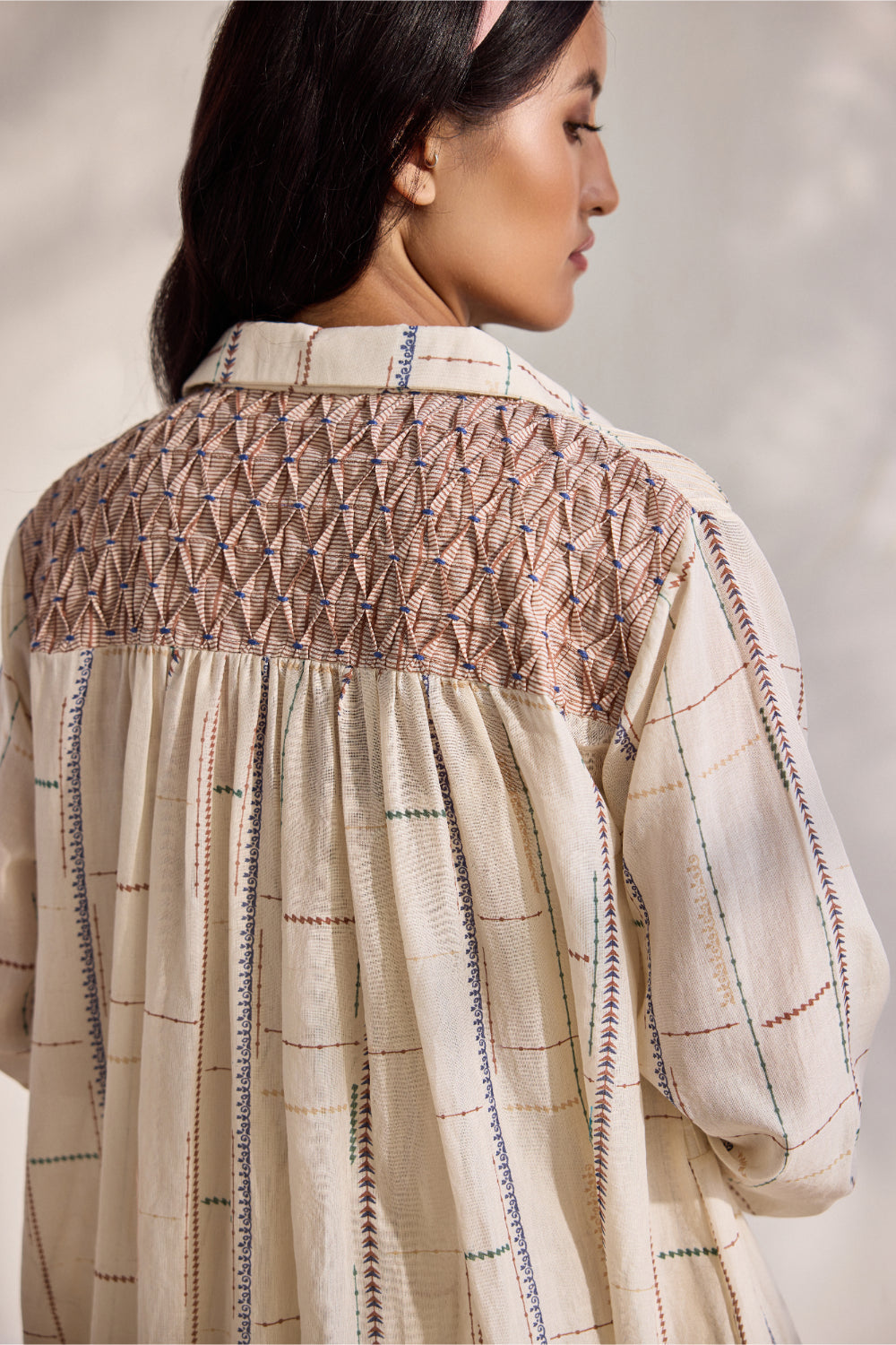 Ecru bamboo cotton tribal printed and embroidered smoking shirt dress
