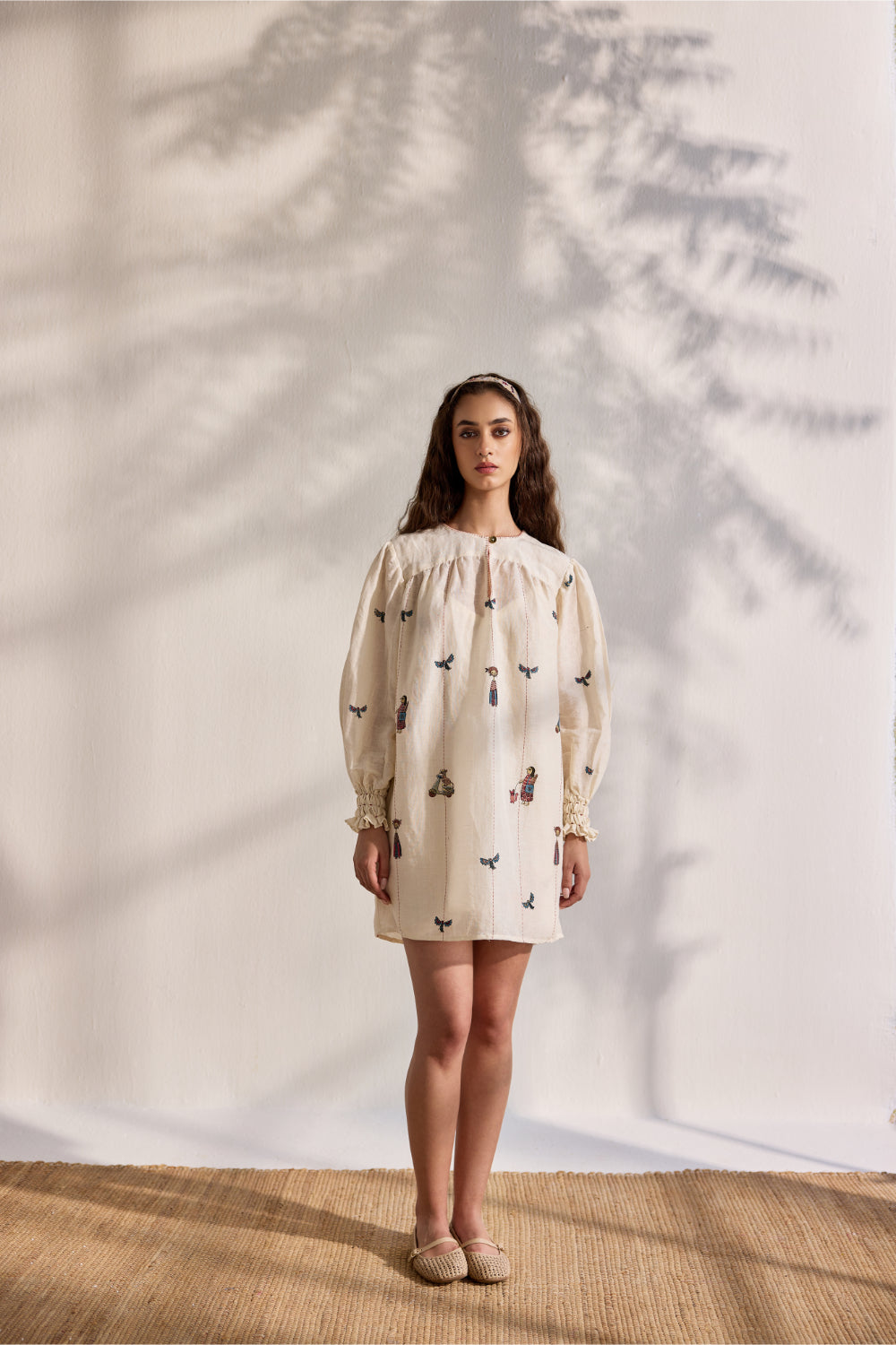 Ecru linen printed and embroidered mini dress