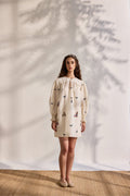 Ecru linen printed and embroidered mini dress
