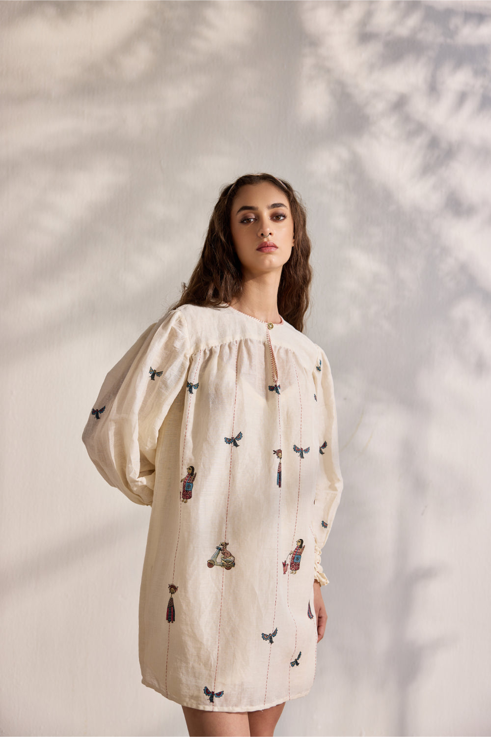Ecru linen printed and embroidered mini dress
