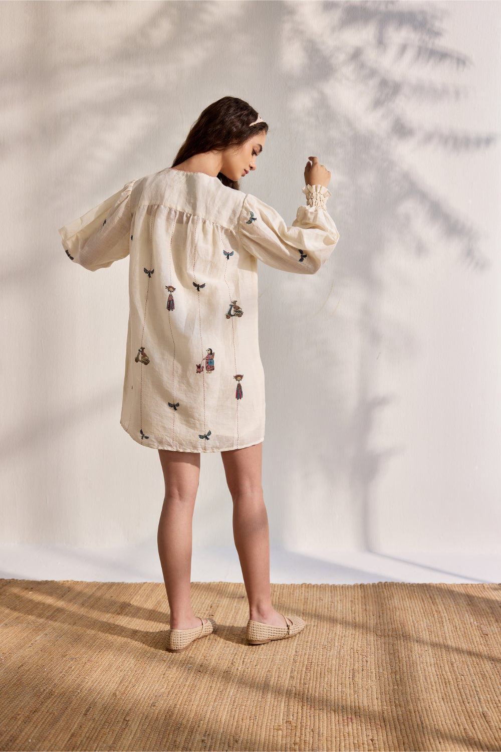 Ecru linen printed and embroidered mini dress