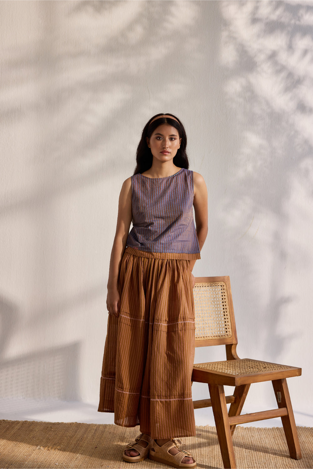 Chai woven striped gathered midi skirt