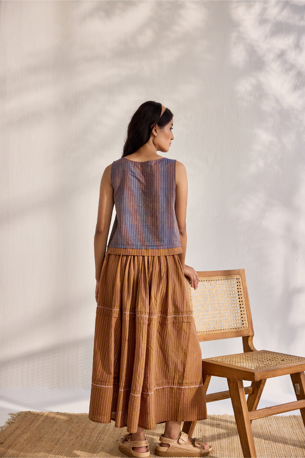 Chai woven striped gathered midi skirt