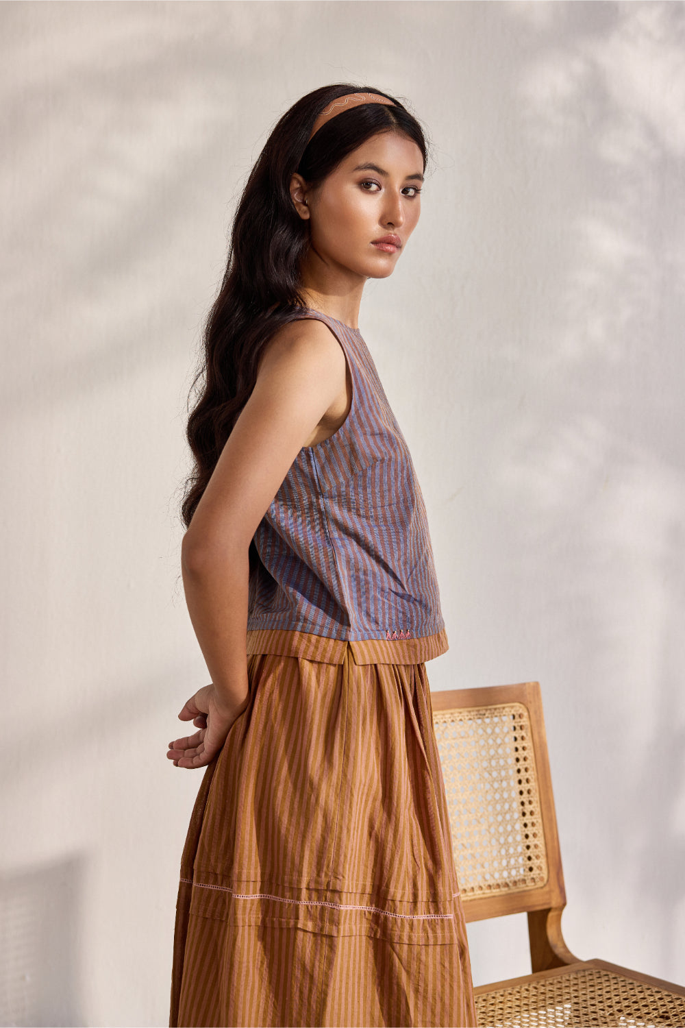 Blue woven striped sleeveless embroidered top