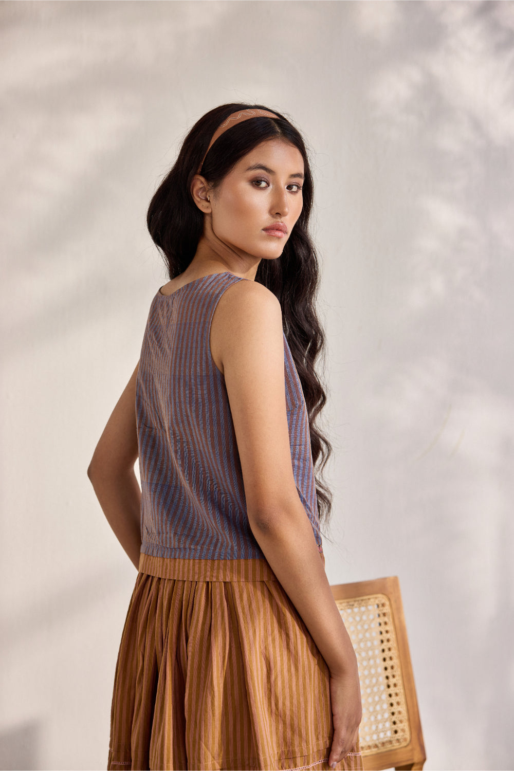 Blue woven striped sleeveless embroidered top