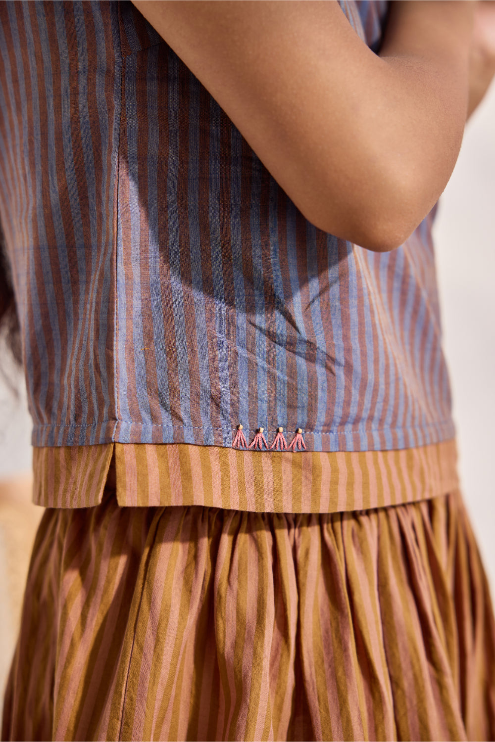 Blue woven striped sleeveless embroidered top