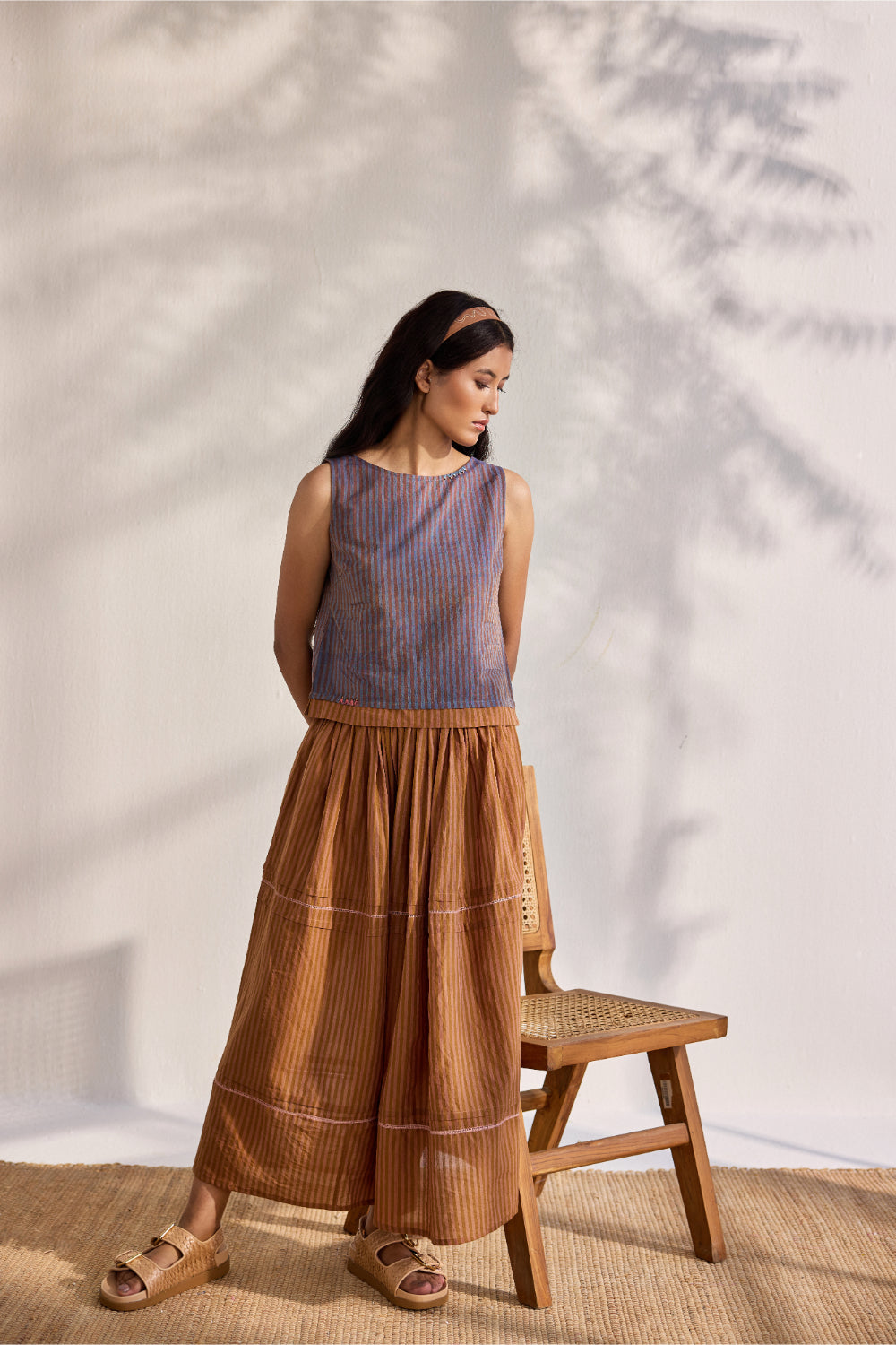 Blue woven striped sleeveless embroidered top