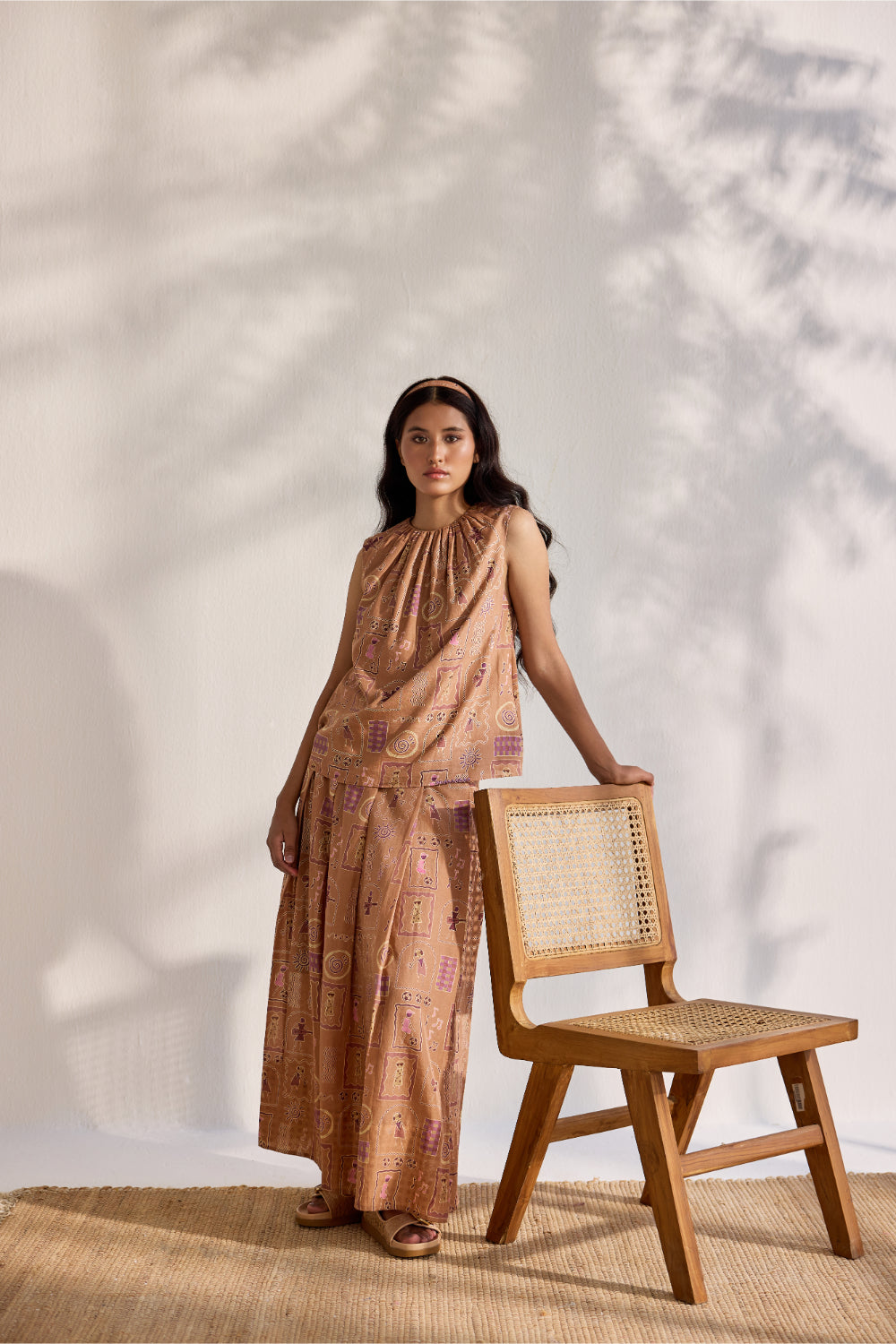 Chai bamboo cotton Warli printed knife pleated and embroidered skirt
