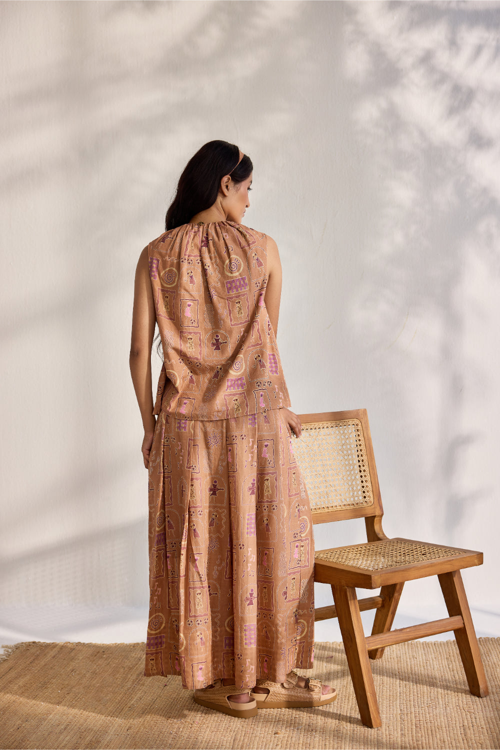 Chai bamboo cotton Warli printed knife pleated and embroidered skirt
