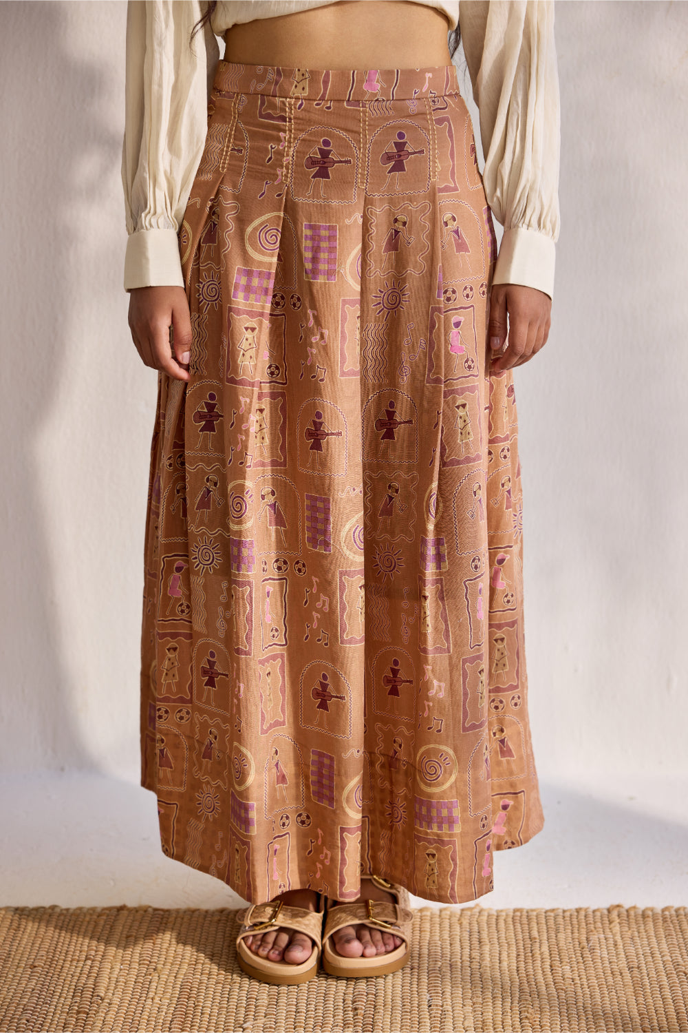Chai bamboo cotton Warli printed knife pleated and embroidered skirt