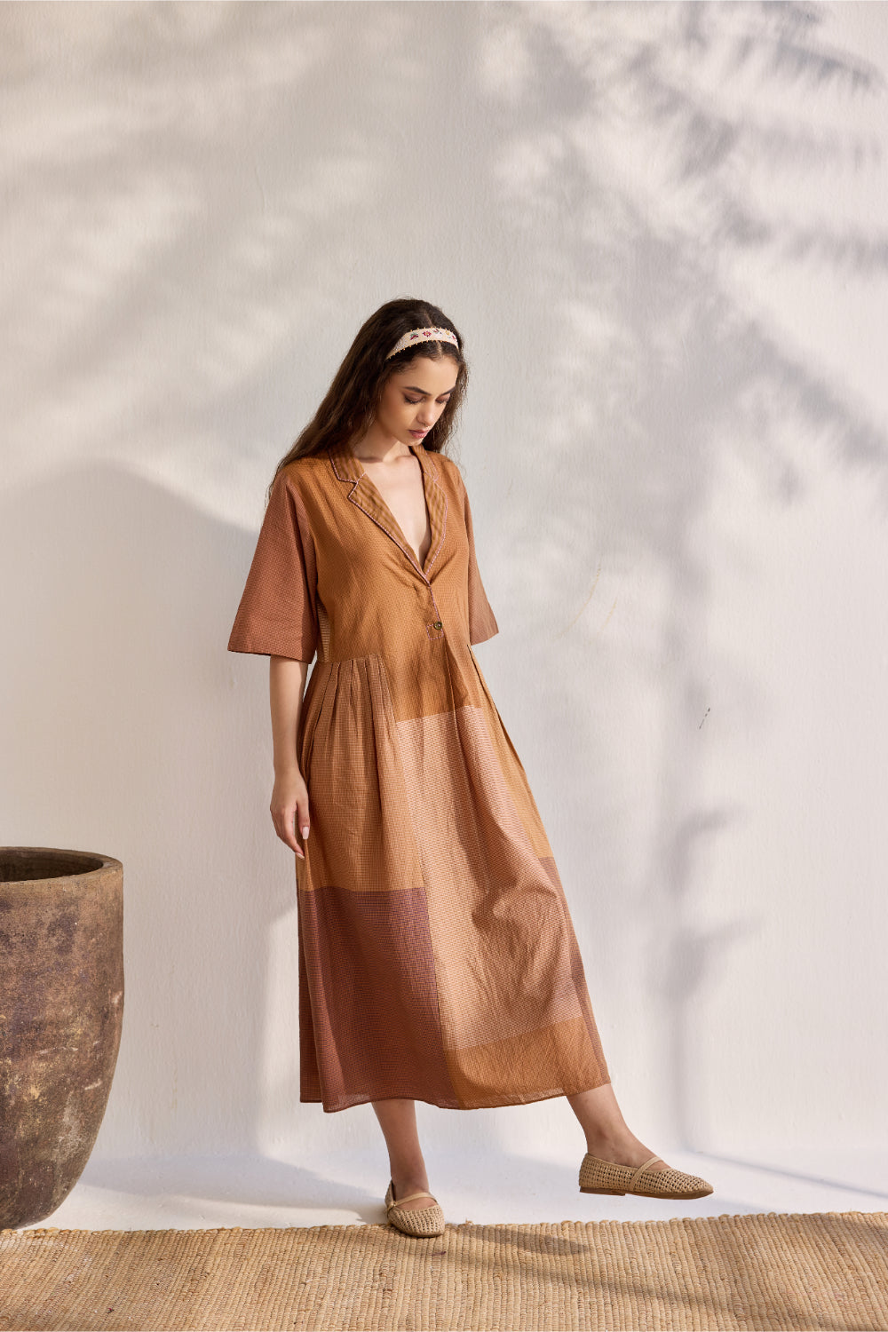 Chai Nagpur checks woven color blocked pleated and embroidered dress