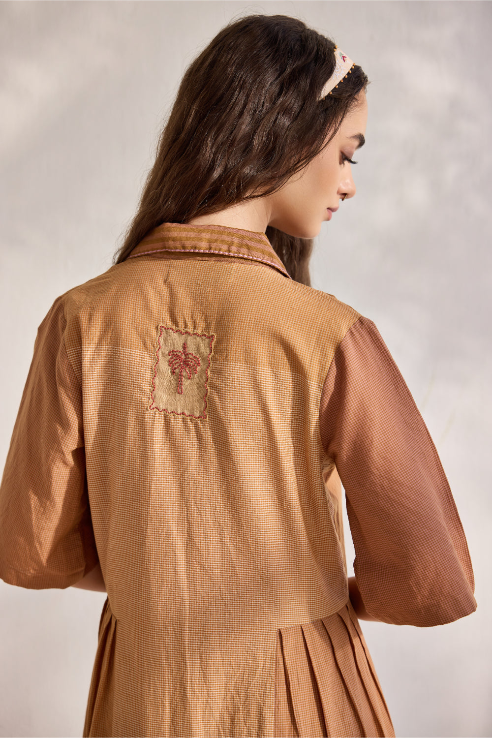 Chai Nagpur checks woven color blocked pleated and embroidered dress