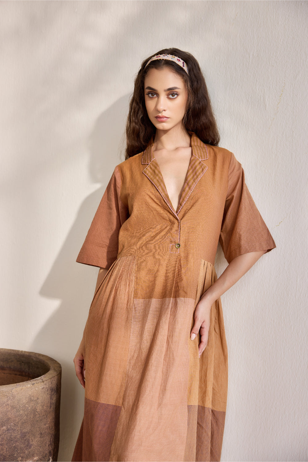 Chai Nagpur checks woven color blocked pleated and embroidered dress