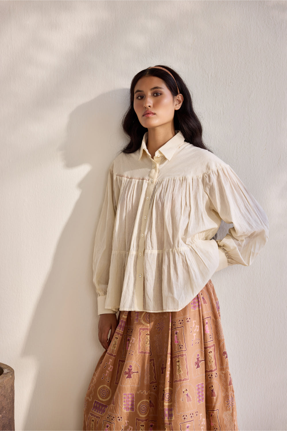 Ecru bamboo cotton embroidered gathered top