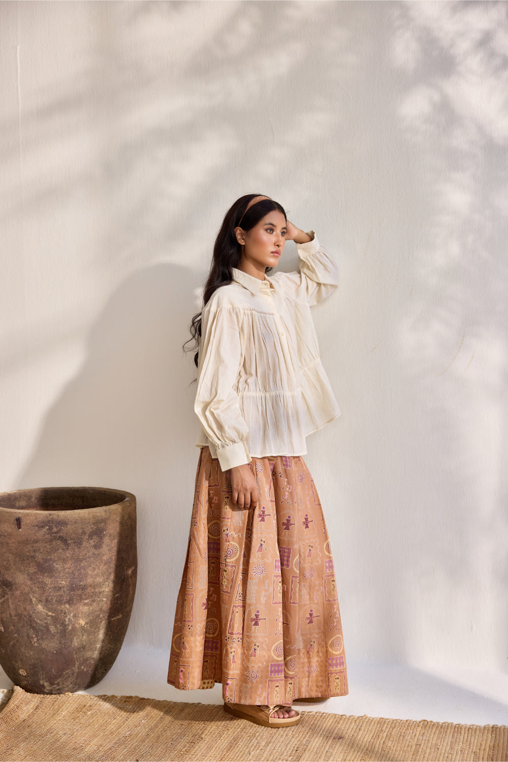Ecru bamboo cotton embroidered gathered top