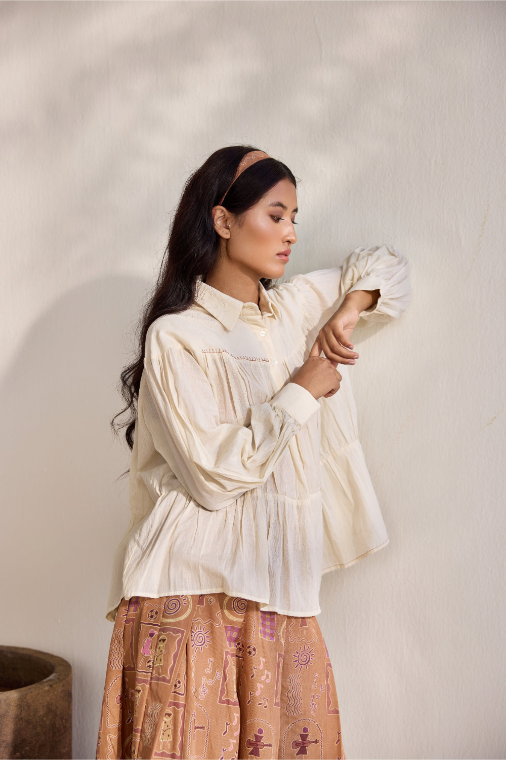 Ecru bamboo cotton embroidered gathered top