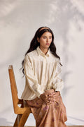 Ecru bamboo cotton embroidered gathered top